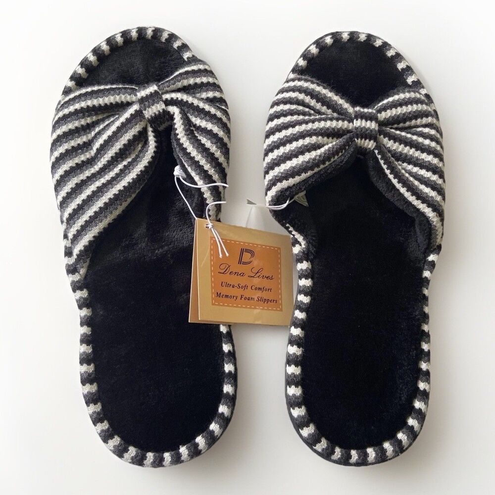 DL Memory Foam Open Toe Slide Slippers Bow Stripe Black Size 11-12 (X-Large)